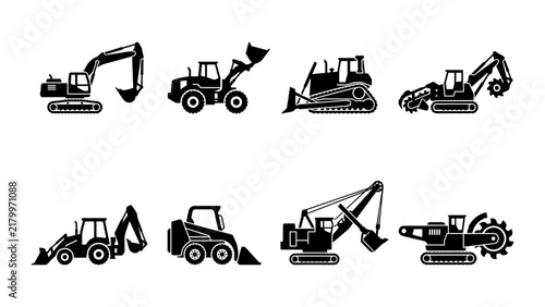Heavy construction equipment icon set with excavator bulldozer loader backhoe and earthmover vehicle
