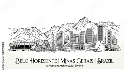 Belo Horizonte Skyline, Minas Gerais, Brazil - Hand Drawn Architectural Illustration