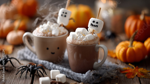 Halloween Coffee with Two Smiling Marshmallow Ghosts on Sticks, Spooky Festive Autumn Drink
