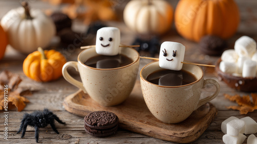 Halloween Coffee with Two Smiling Marshmallow Ghosts on Sticks, Spooky Festive Autumn Drink