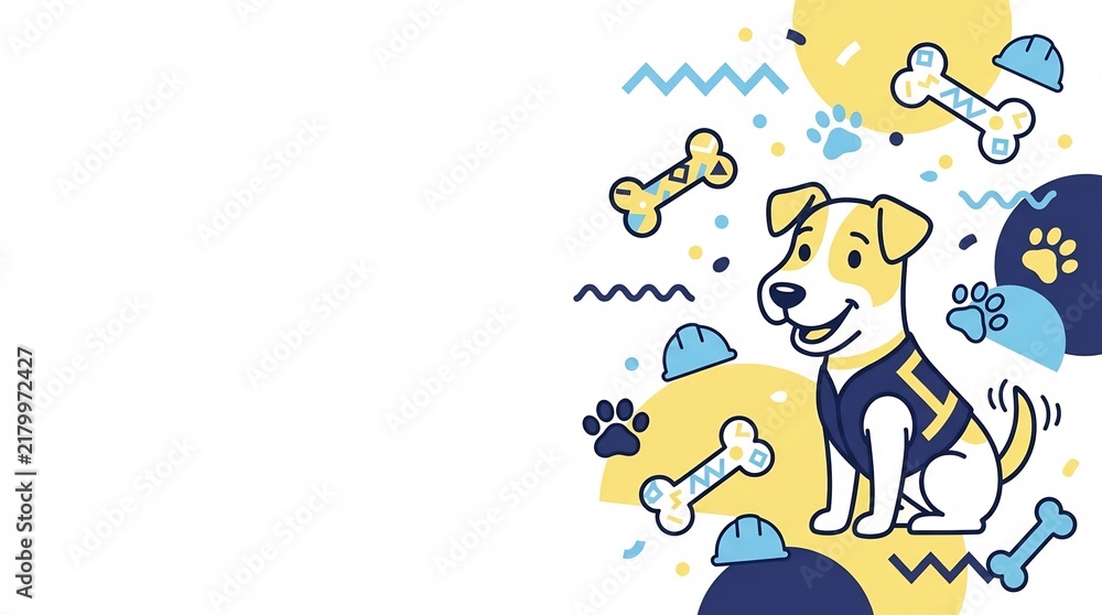 Fototapeta premium Cartoon service dog in blue safety vest with hard hats. Playful labor mascot vector for construction branding and site safety.