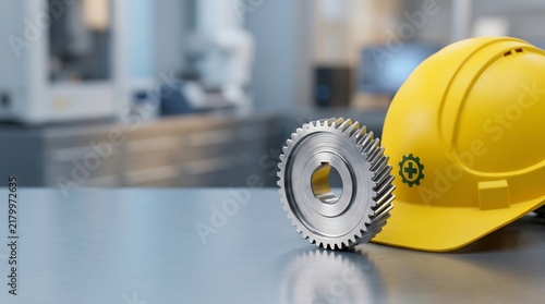Steel spur gear and yellow safety helmet on industrial workbench, symbol of mechanical engineering, manufacturing precision, and workplace safety in a clean factory setting.