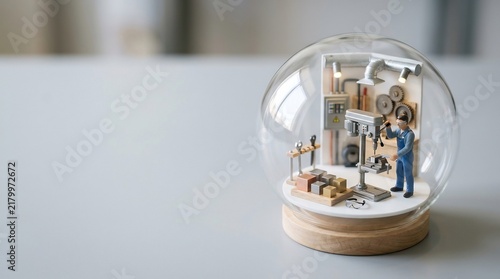 Miniature worker in a workshop inside a glass sphere, precision drilling with industrial tools, craftsmanship and labor concept, tiny manufacturing scene on wooden base.