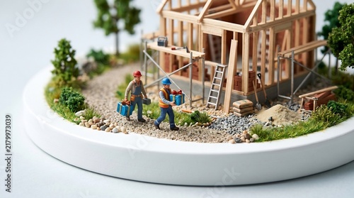 Miniature construction workers carrying gift boxes at a house building site diorama, home ownership concept, building dreams, property development, housewarming gift, labor theme.