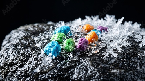Microscopic view of colorful mineral clusters and intricate snowflakes on wet dark stone, precision laboratory cooling process, industrial science labor, vibrant winter texture.
