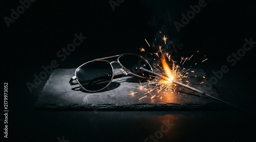 Aviator sunglasses and burning sparkler on dark slate, cinematic lighting, celebratory atmosphere, dramatic black background.