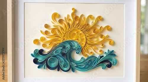 Paper quilling art of a bright sun rising over a swirling ocean wave, intricate yellow and blue paper filigree design, handcrafted framed wall art, coastal home decor concept.