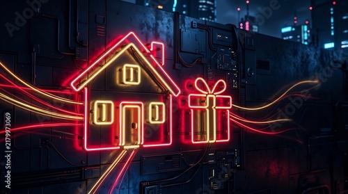 Neon house and gift icons on circuit background, smart home tech, digital real estate, employee housing perks, futuristic cyber style, light trails, glowing technology concept.