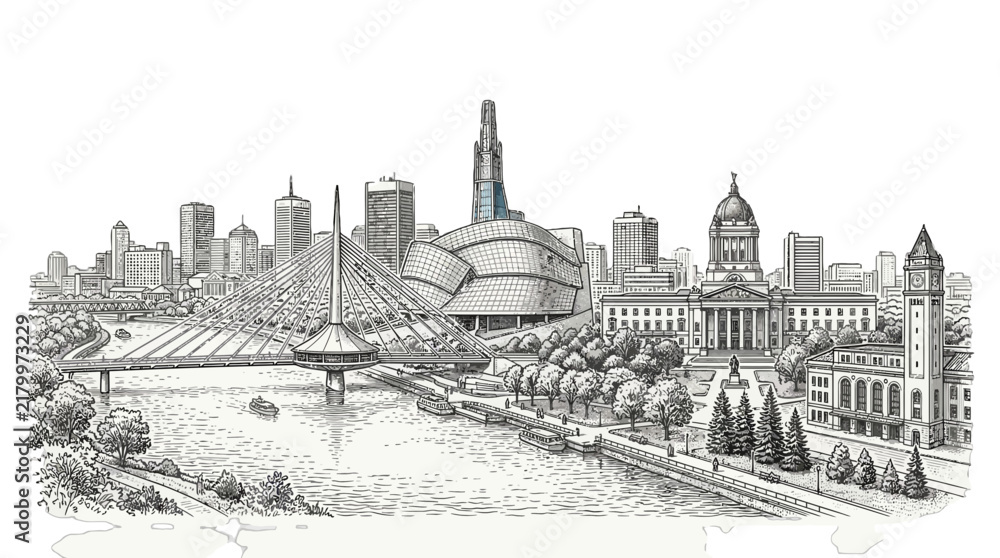 Obraz premium Cityscape Panorama: Historic and Modern Architecture Blend with River and Bridge