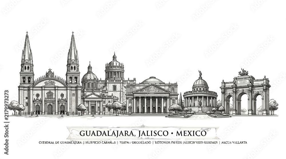 Fototapeta premium Guadalajara Skyline, Jalisco, Mexico - Landmark Architecture Illustration