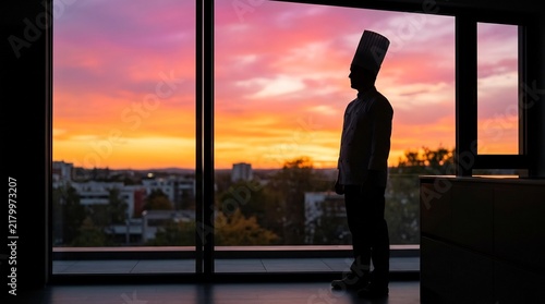 Chef silhouette gazing at city sunset from window, culinary career reflection, professional cook, hospitality labor, dramatic skyline atmosphere.