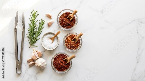 Gourmet spices, coarse salt, garlic, and fresh rosemary on marble surface with kitchen tongs. Professional culinary ingredients and tools for cooking and food preparation.