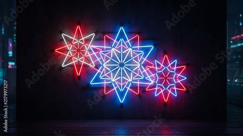 Red white blue neon star wall installation. Patriotic light art for Labor Day celebrations. Futuristic geometric glow and industrial sign design.