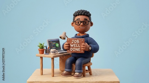 Claymation tech professional holding Job Well Done sign, software developer celebrating success at desk, employee recognition, career achievement, remote work motivation.