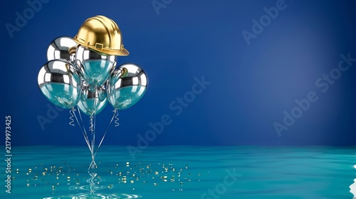 Golden hard hat on silver balloons over water with gold confetti, celebrating construction milestones, labor success, and industrial safety excellence.