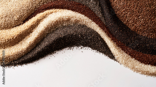 Grain fibermaxxing arrangement with quinoa rice flaxseed and chia seeds in wavy pattern on white background for healthy food concept