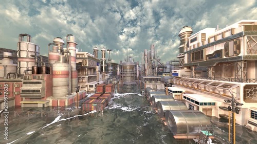 海辺の工場の外観　3DCGレンダリング