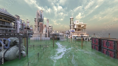 海辺の工場の外観　3DCGレンダリング