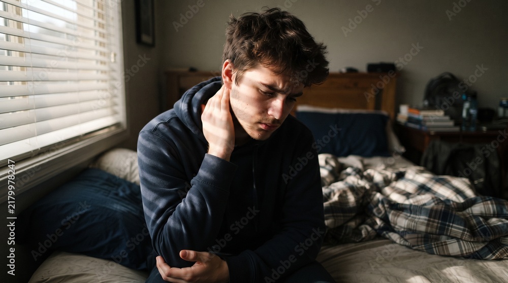 Obraz premium A young man sitting on his bed, looking distressed and holding his neck