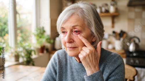 Senior woman suffering from conjunctivitis or eye irritation touching her inflamed red eyelid while sitting in a home kitchen environment