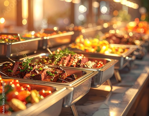 A lavish catering buffet spread with gourmet warm dishes in an upscale indoor restaurant. Ideal for luxury hospitality and culinary event marketing concepts.