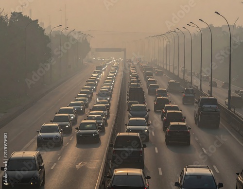 Massive traffic jam of cars and trucks stalled on a busy multi-lane highway during rush hour. Perfect for illustrating urban congestion and environmental pollution concepts.