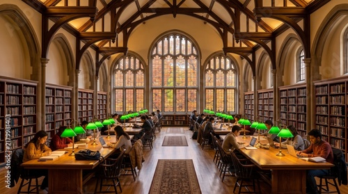 Students studying in a historic university library with green lamps and wooden bookshelves.