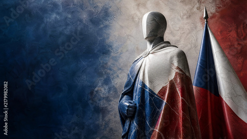 Polished marble sculpture bust of a Czechoslovak figure for Czechoslovak State Day on a white red and blue studio backdrop with copy space
