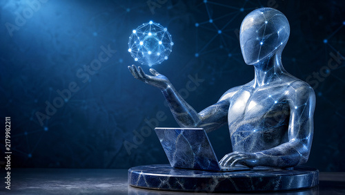 Polished marble sculpture bust of a digital network figure for International Internet Day on a cyber blue and silver studio backdrop with copy space