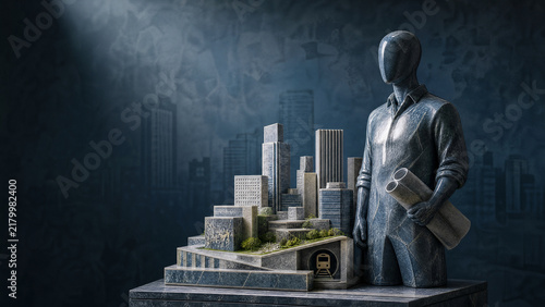 Polished marble sculpture bust of a city planner for World Cities Day on a urban steel blue studio backdrop with copy space