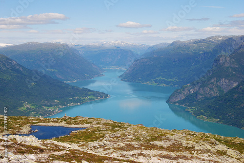 Panoramic view of Lustrafjorden from Mount Molden in Norway