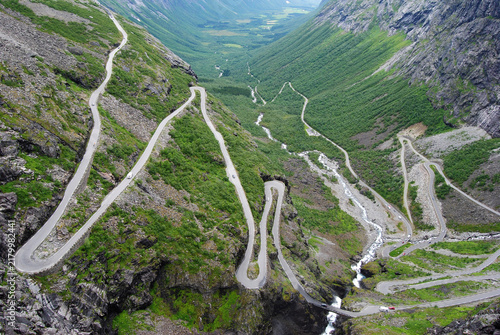 Winding Trollstigen mountain road above Isterdalen Valley in Norway