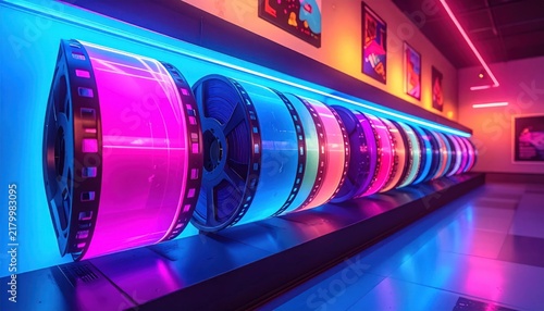 Row of colorful neon film reels in dark studio.