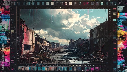Ruined city street framed by vintage film strip.