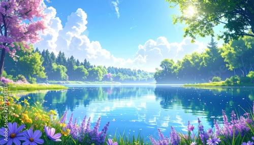 Scenic lake landscape with flowers and sunny forest.