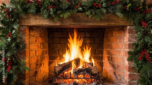 Cozy Christmas fireplace with burning logs and festive holiday garland decoration
