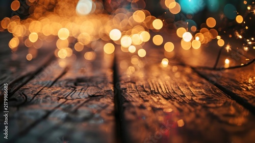 Wood floor empty with bokeh lights on fireworks background, Advertisement, Print media, Illustration, Banner, for website, copy space, for word, template, presentation
