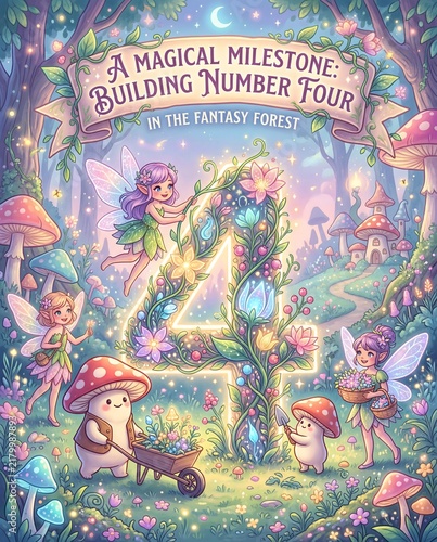 Fairies building magical floral number four in enchanted fantasy forest