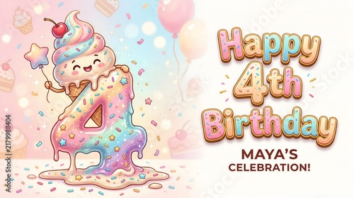 Cute ice cream character hugging number four for fourth birthday celebration