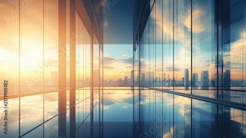 Modern office building or business center. High-rise window buildings made of glass reflect the clouds and the sunlight. empty street outside  wall modernity civilization. growing up business