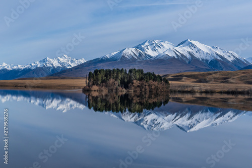 Scenery  of Lake Clearwater and the island sanctuary  in the middle of Lake Clearwater in the Ashburton lakes  district in the Highlands