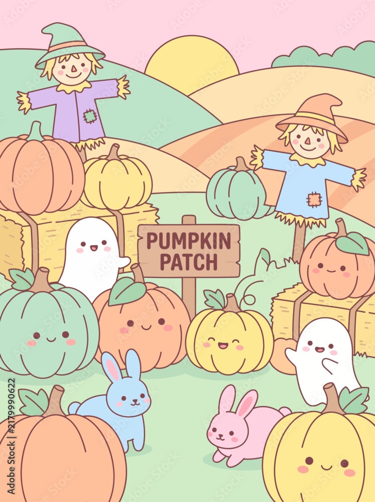 Naklejka premium Adorable pumpkin patch scene in pastel cute style for greeting cards