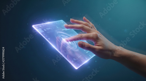 Futuristic Holographic Tablet Interface with Hand Touching Digital Screen, Ai Generated