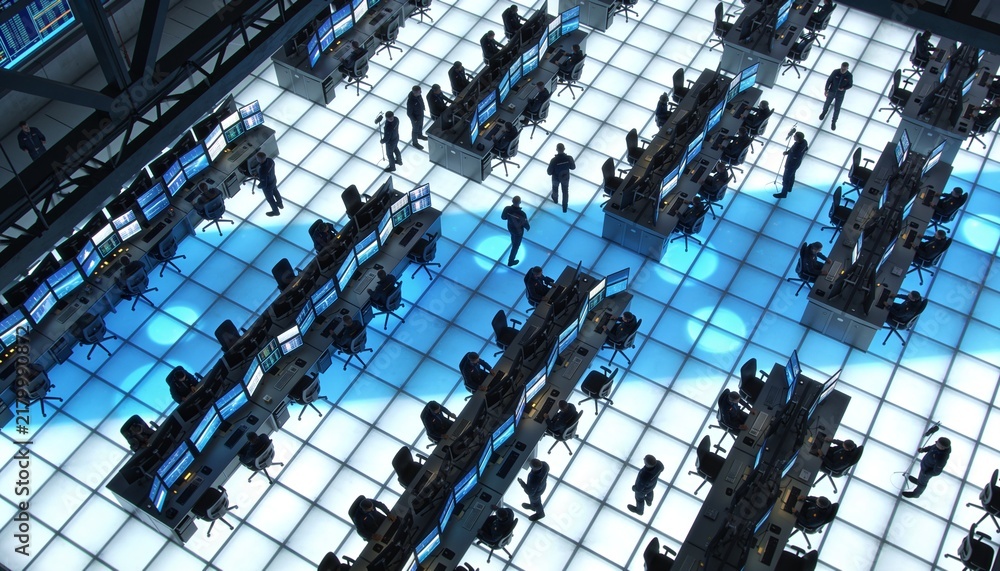 Fototapeta premium Overhead diagonal view of mission control floor with geometric grid of illuminated consoles, people as small dark shapes, blue white screen glow forming light pools, graphic composition