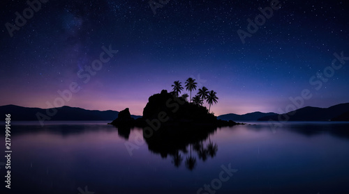 Peaceful Night Lake Landscape with Silhouetted Island and Starry Sky, Ai Generated
