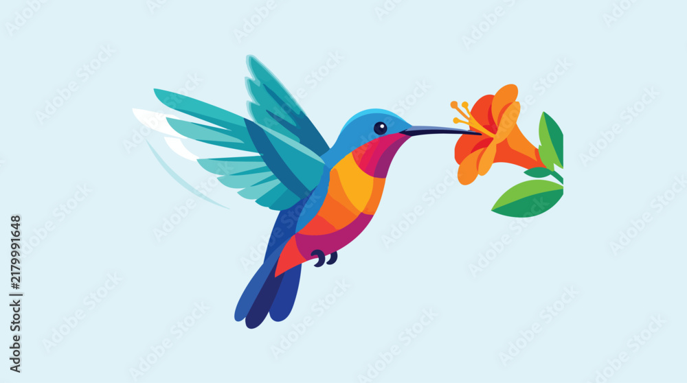 Fototapeta premium Colorful Hummingbird Feeding on Bright Flower