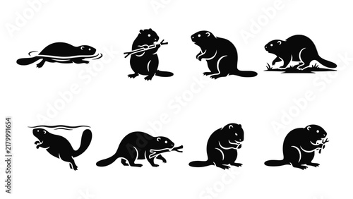 Canvas Print Set of black silhouettes of beavers in various poses, including swimming, standi