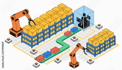 Isometric automated warehouse with robotic arms and conveyor belt for logistics industry