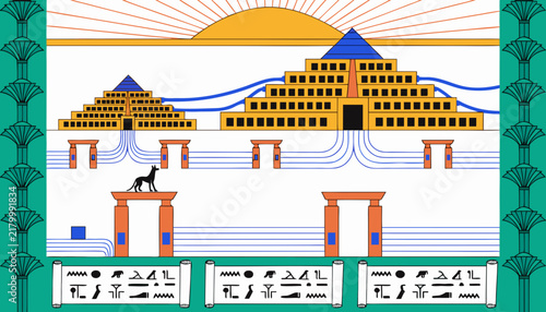Ancient Egypt pyramid landscape vector illustration with Anubis and hieroglyphic scrolls
