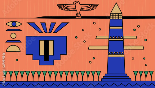 Ancient Egyptian style vector illustration with pyramid obelisk and falcon symbol.